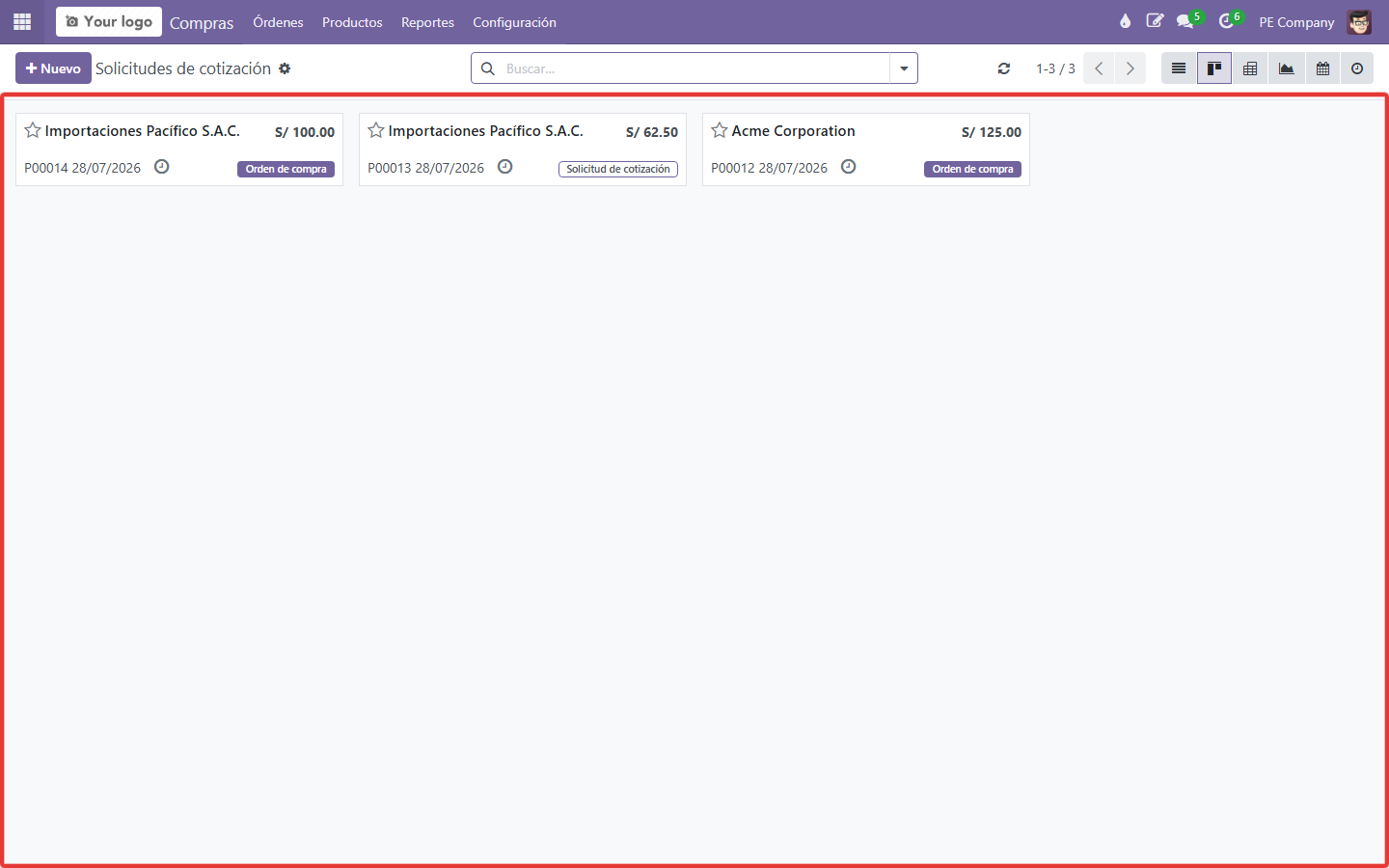 Vista kanban de RFQ