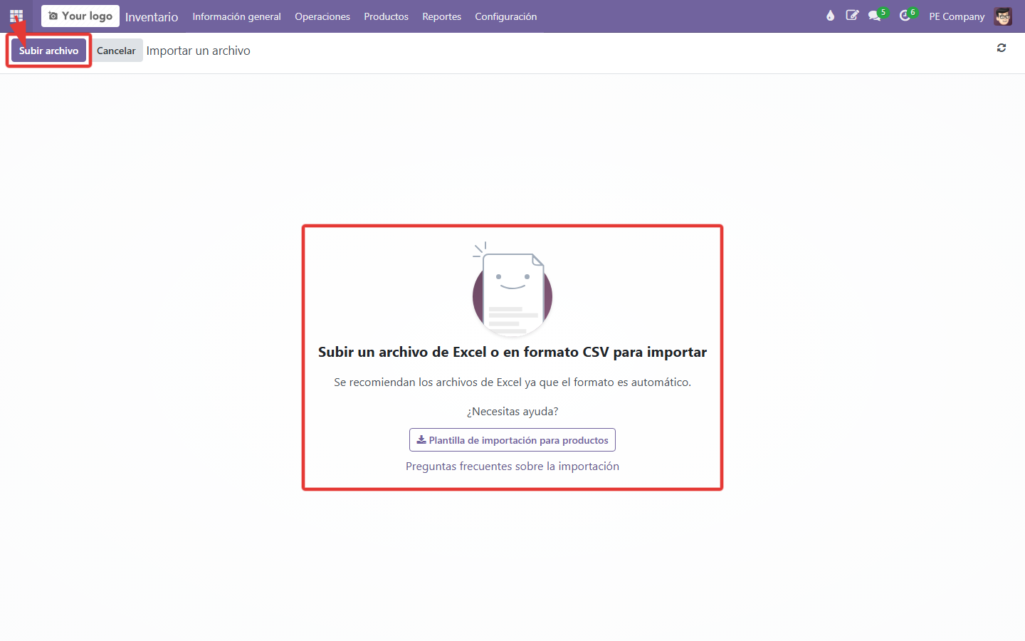 Pantalla Importar un archivo