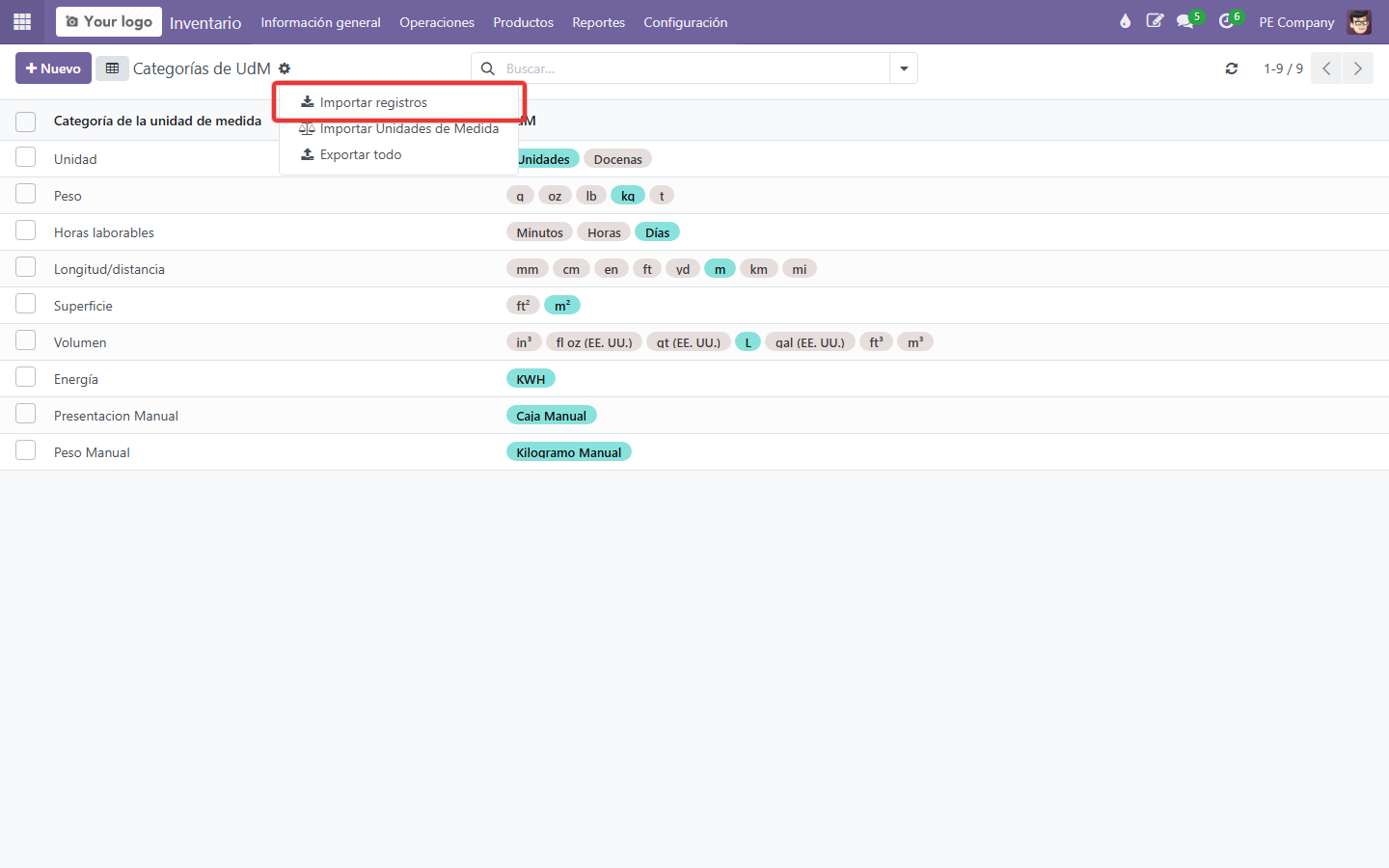 Engranaje de Categorías de UdM: Importar registros
