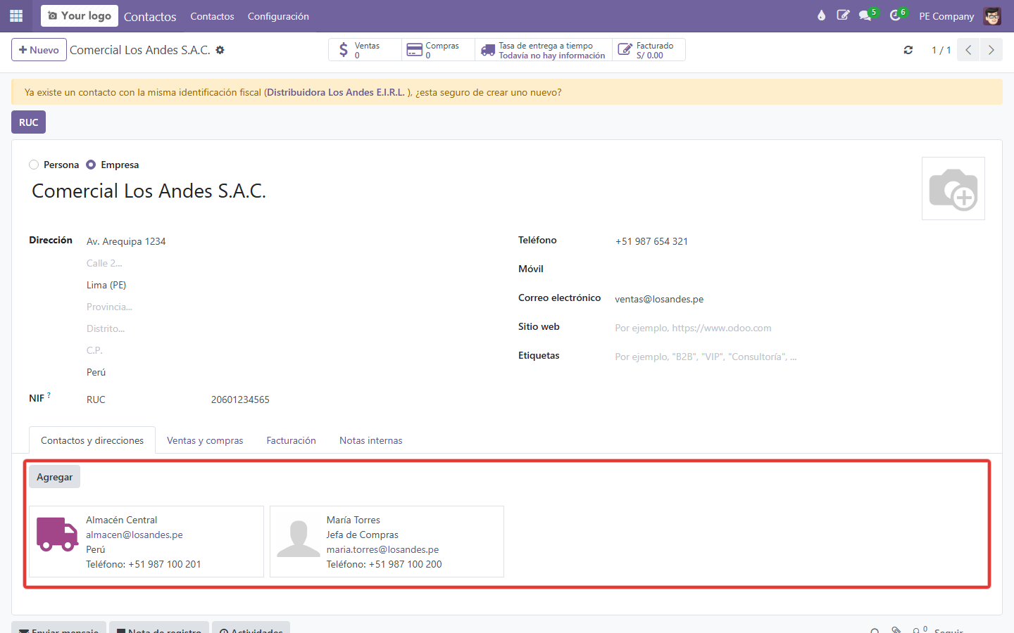 Empresa con su contacto asociado