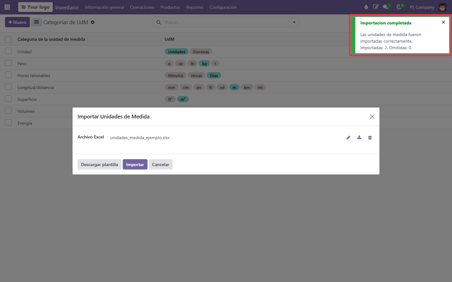 Notificación: UdM importadas