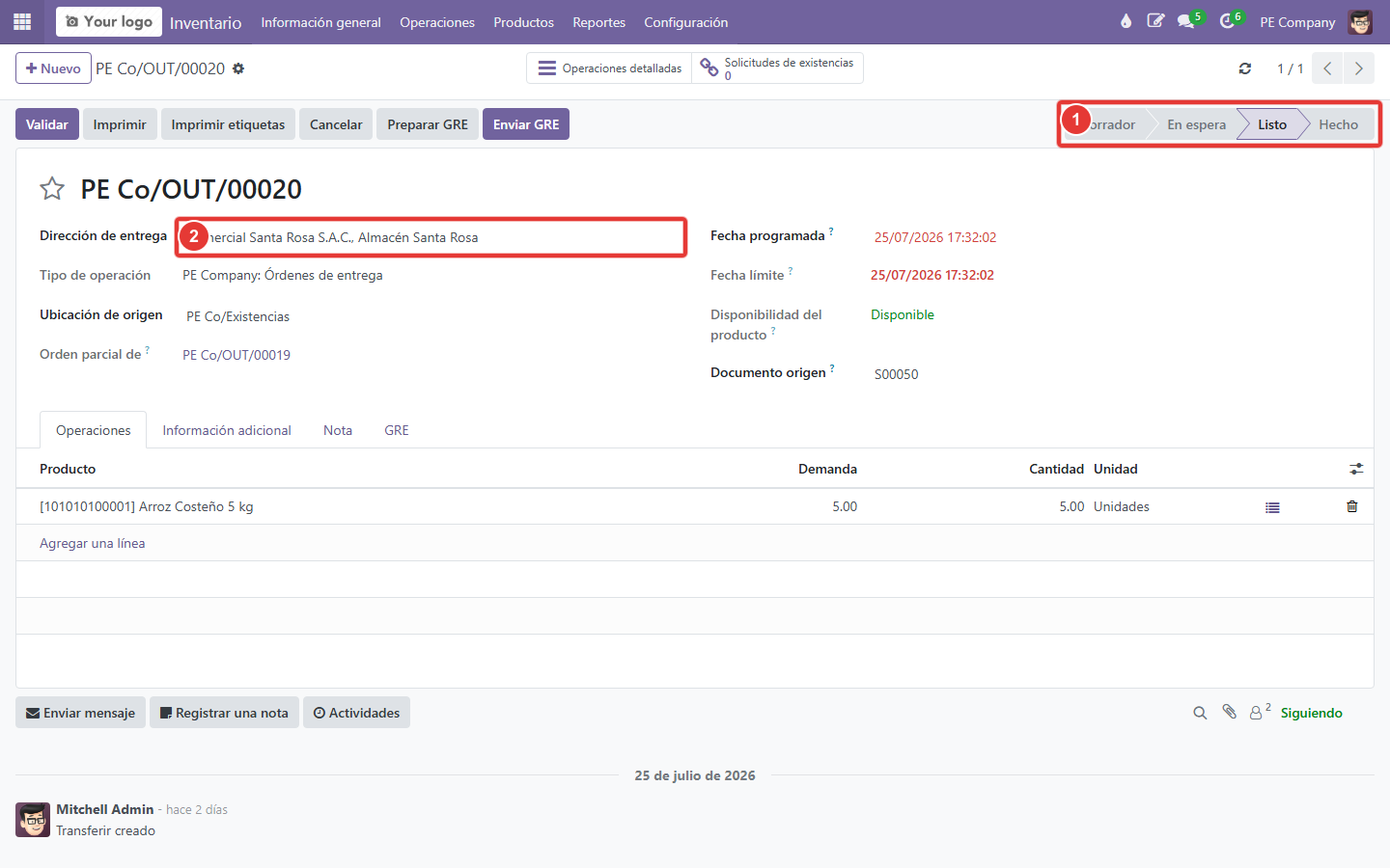 Entrega de cliente lista para GRE