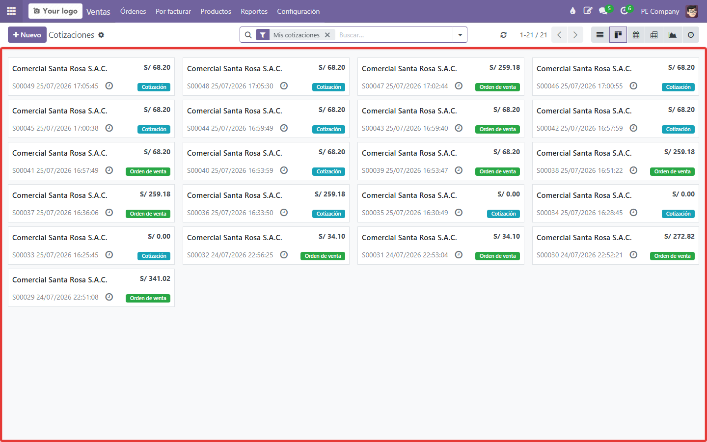 Vista kanban de cotizaciones
