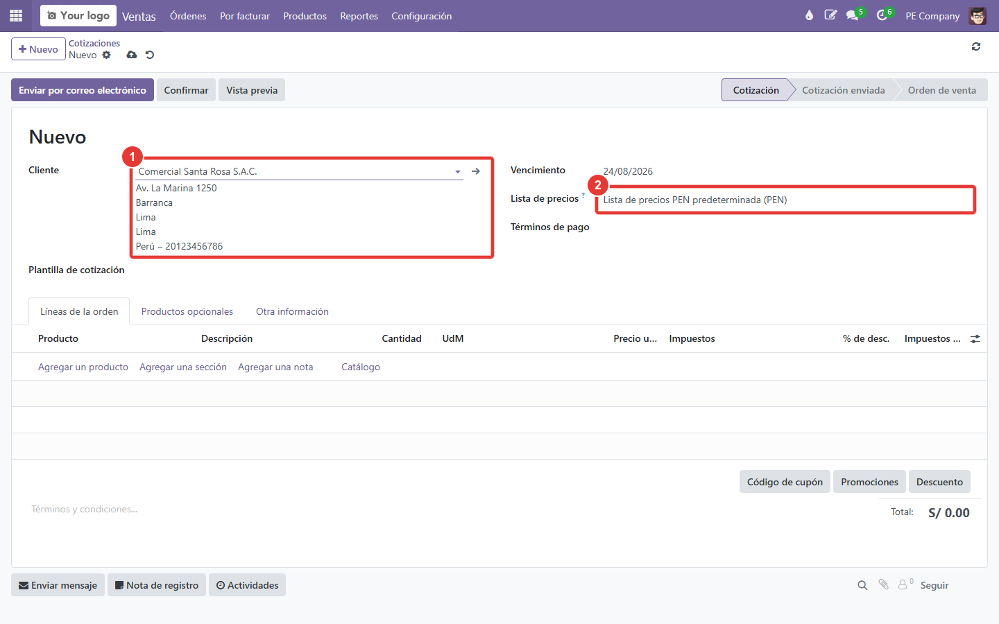 Cliente seleccionado y datos heredados
