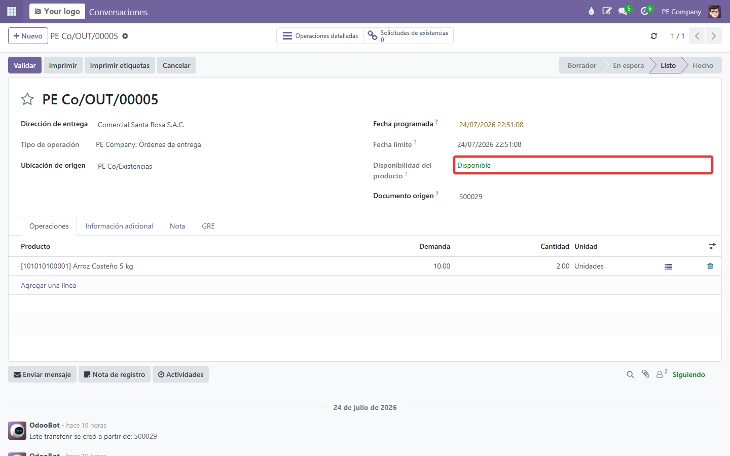 Comprobar disponibilidad / estado Disponible